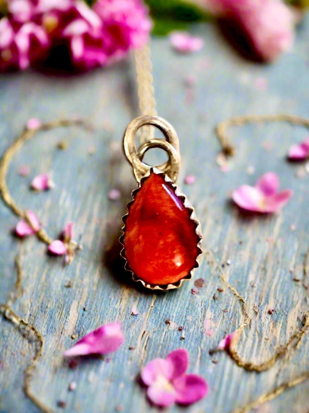 Red Rose Dahlia Sterling Silver Dainty Pendant Teardrop